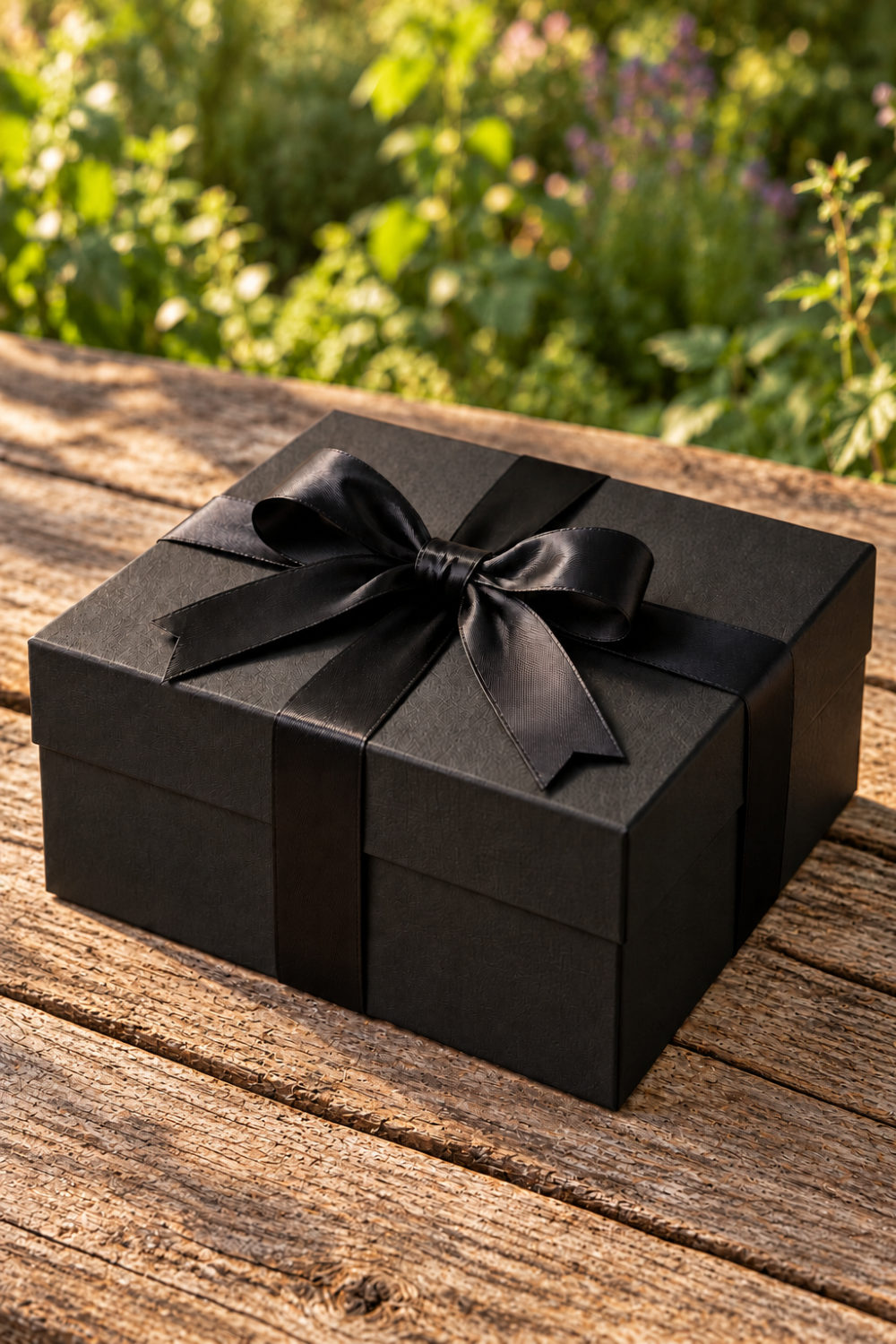 Svart presentbox med sidenband på ett träbord i trädgården